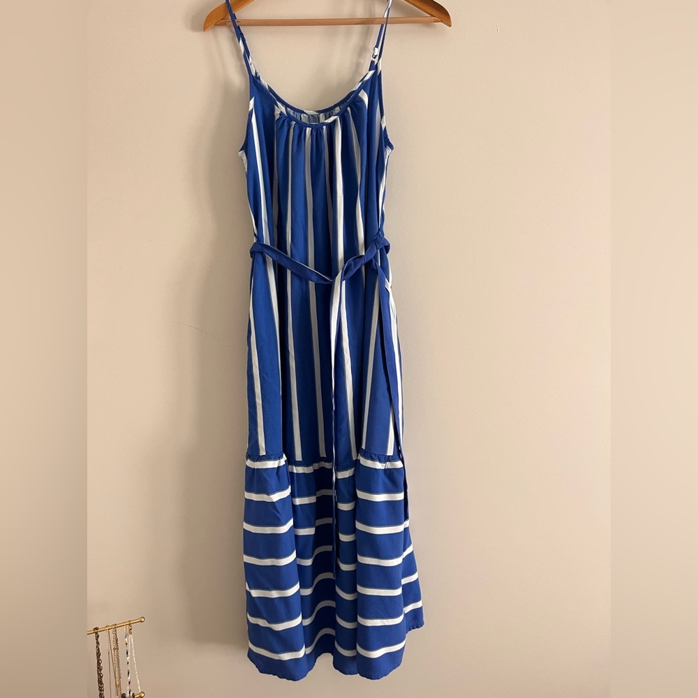Destination 365 Stripe Sleeveless Dress Belt Cobalt Blue White Small Ruffle Midi